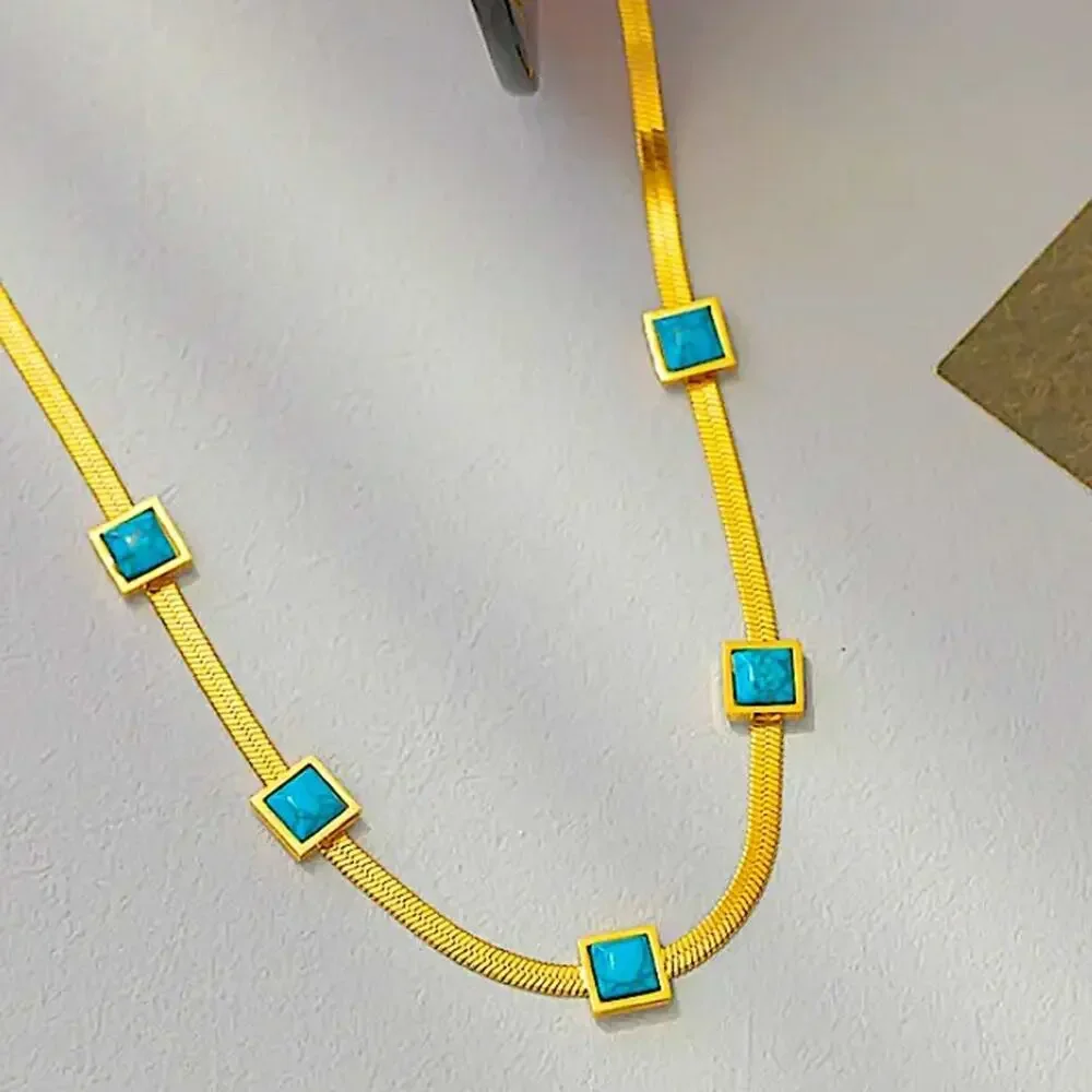 Gold Turquoise Pendant Matching Bracelet Set Herringbone 18K Gold Plated